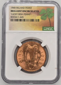 🍀”Lucky Irish Penny” - NGC - 1968 - Ireland 1p - BU! St. Patrick's day! - Picture 1 of 2