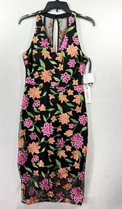Siena Embroidered Mesh Midi Dress Women's 4 Black Colorful Floral Cocktail NEW - Picture 1 of 19