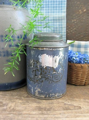 Early Antique Pantry Tin Canister Original Worn Blue and Green Paint - Image 1 of 4