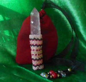 Rose Quartz Crystal Point Beaded Wand in Pink Black Red Gold Reiki Massage Tool - Picture 1 of 7