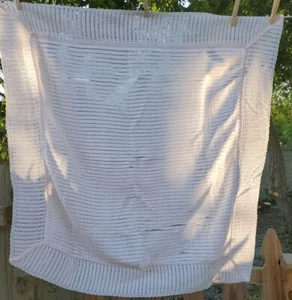 Vintage Friemanit Acrylic Baby Blanket Pink Crocheted Knit Lace Trim 34" X 37" - Picture 1 of 8