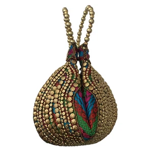 Fortune Cookie Purse Beaded Purse Zip Snap Closure Gold Multicolor Handmade - Imagen 1 de 7