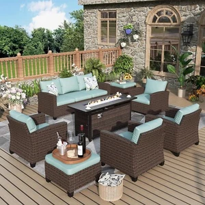 Fire Pit Table Patio Furniture Set Wicker Rattan Sofa Outdoor Conversation Sets - Picture 1 of 9