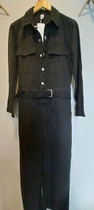 H&M NEW NWT JUMPSUIT denim black Chrome Button long Sleeve Wide leg sz 10-12 80s - Picture 1 of 22