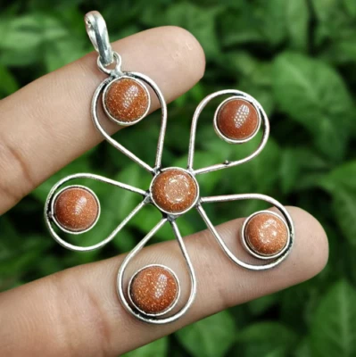 Изящный солнечный камень драгоценный камень 6 камень цветок подвеска серебро 925 покрытие этнические ювелирные изделия - Изображение 1 из 4