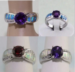 Lab-Created Blue or WhiteFire Opal 8mm Round Lab-Created Stone CZ Ring Sterling - Bild 1 von 13