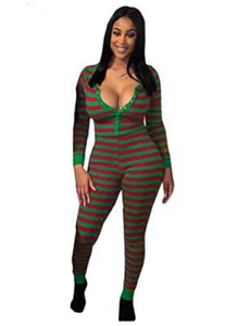 Women's Striped Christmas Pajamas One Piece Sleepwear X-Large Red&green Stripe - Picture 1 of 8