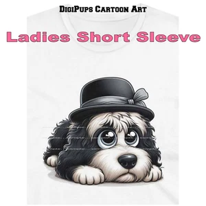 DigiPups Old English Sheepdog Dog Stylish Hat Portrait Cartoon Ladies T Shirt - Picture 1 of 4