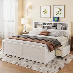 King Size Wood Platform Bed with Multi-storage Headboard, USB and Drawers, White - Picture 1 of 12