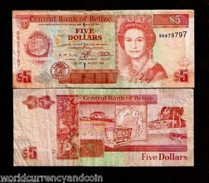 BELIZE 5 DOLLARS P-58 1996 QUEEN QE BOAT COLUMBUS TIGER ELEPHANT MONEY BANK NOTE - Picture 1 of 2