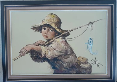 SALVADOR CABRERA(1929/1986)菲律宾油/香草 1982 年“男孩/钓鱼杆/W 鱼” — 第 1/4 张图片