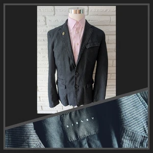 🇮🇹 SISLEY Large 42R Denim Look Striped Cotton & Linen Blazer Made In Romania - Picture 1 of 15
