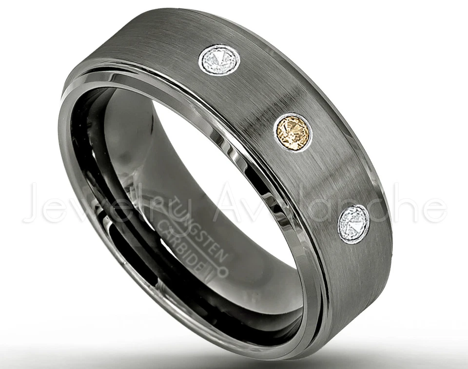 Anillo de tungsteno, 0,21 ctw cuarzo ahumado y diamantes 3 piedras, piedra de nacimiento de noviembre #616 Foto 1 de 1