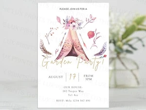 Personalised Garden Party D1 Invites Cards Invitations Teepee BBQ Boho Birthday - Picture 1 of 1