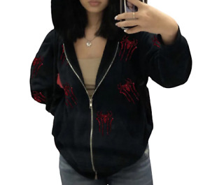 Y2K Rhinestone Spider Hoodies Women Gothic Hoodie Zip Up Casual Sweatshirts Punk