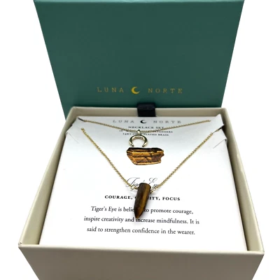 Luna Norte Tiger Eye Necklace Set 14KT Plated Brass Courage Clarity Focus New - Image 1 of 4