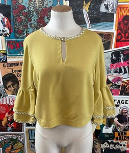 Vintage 60er-70er Jahre gelb Rüsche Volant Glockenärmel kurzes Oberteil Damen klein Rockabilly - Bild 1 von 8