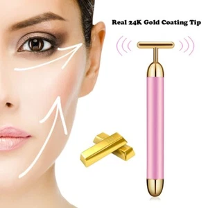 Rodillo facial dorado 24 K masajeador en forma de T barra de belleza levantamiento facial vibratorio  - Imagen 1 de 12