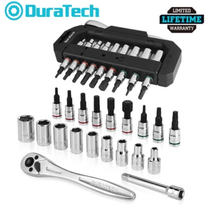 DURATECH 20PC 1/4" Dr Socket Set Metric Bit Sockets Ratchet Wrench Extension Bar - Image 1 of 4
