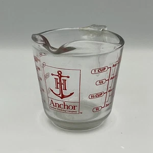 Taza medidora de vidrio vintage EE. UU. Anchor Hocking Comp #696 1 taza 1/2 pieza impresión roja - Imagen 1 de 8