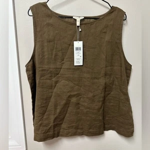Neu mit Etikett Eileen Fisher Bio-Taschentuch Leinen Bateau-Ausschnitt Shell-Top khaki braun L - Bild 1 von 9