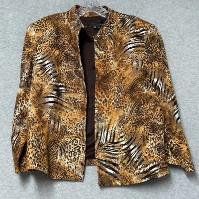 Laudrew Womens Linen Animal Print Mandarin Collar Lined Open Blazer Jacket Sz 14 - Image 1 of 4