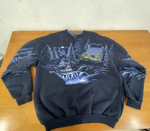 De Colección AU Arte Ilimitado Ropa Deportiva Sudadera Para Hombres L Azul Marino Ciervo Cabina AOP Paisaje - Imagen 1 de 7