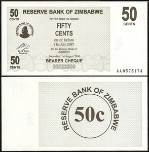 ZIMBABWE 50 Cents BEARER CHEQUE PREFIX AA 2006 P-36 UNC Uncirculated - Picture 1 of 1