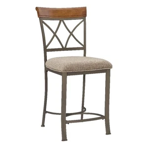 Linon Hamilton Metal Counter Stool Padded Beige Seat Wood Trim in Matte Pewter - Picture 1 of 9