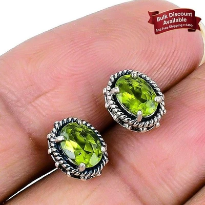 Peridot Faceted Stone 925 Sterling Silver Daughter Stud Ethnic Art Deco Earrings - Image 1 of 4