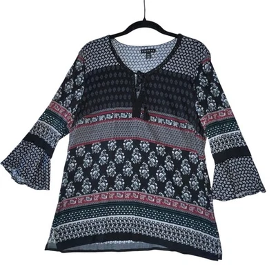 Tribal Womens Boho Tunic With Bell Sleeves Mixed Patterns Size M - Image 1 of 4
