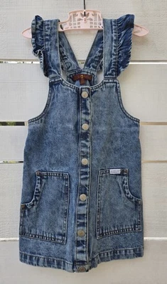 全新 7 For All Mankind 牛仔牛仔裙连衣裙 学步女孩 4T 荷叶边口袋 — 第 1/4 张图片