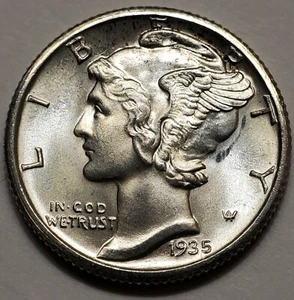 Moneda de diez centavos de plata mercurio Mercurio EE. UU. 1935-S - 10c - FSB GEM-BU!!¡! - Imagen 1 de 10