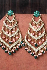 Indian Gold Plated Bollywood Style Jewelry Pearl Kundan Chandbali Earrings Set - Picture 1 of 5