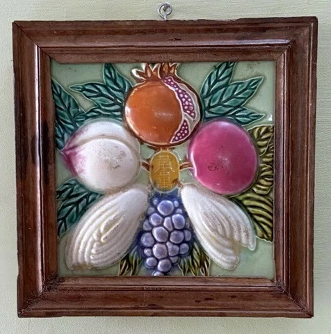 Vintage Old Floral Embossed Work Ceramic Tiles Wooden Frame Collectible Japan Cover