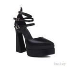 Women Platform Pointed Toe Chunky Heels Buckle Straps Pumps Casual Fashion Shoes