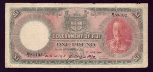 FIJI P-33 b. 1st June 1934 - 1 Pound.. George V Portrait.. aF-Fine - Picture 1 of 2