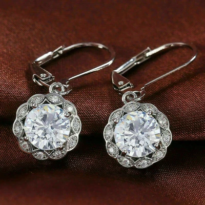 3.0 Ct Round Cut Diamond Simulated Dangle-Drop Earrings Gift 925 Sterling Silver - Image 1 of 4