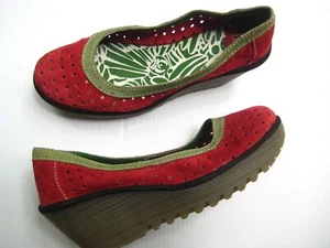 FLY London shoes~Red Suede Wedges with Green Trim~38= US 7~EUC~Hipster Cool!! - Picture 1 of 8