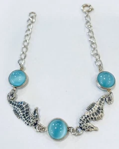 Sterling Sea Horse with Round Blue Stones, 7” Long - Picture 1 of 6