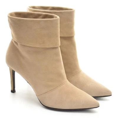 Ladies Saint Laurent Fold Back Stiletto Boots 37.5 / 7 Beige Suede Booties Shoes - Image 1 of 4