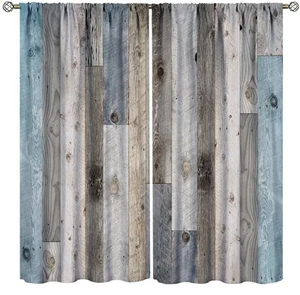 Farmhouse Barn Door Curtains Rustic Wood Country Vintage Rural Blue Grey Wood... - Picture 1 of 8