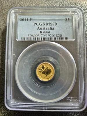  2011P  Rabbit  Lunar SII $5 1/20 Oz .9999 Pure Gold. Pcgs MS 70 POP 21 - Image 1 of 3