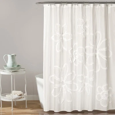 White Ruffle Flower Polyester Shower Curtain, 72" x 72" - Image 1 of 4
