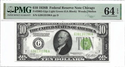 1928B $10 CHICAGO FRN. PMG Choice Uncirculated 64 EPQ Banknote. Light Green - Image 1 of 2