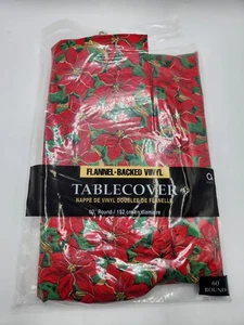 Tovaglia Poinsettia Vintage Natale Vacanze Vinile-Flanella Schienale 60" Rotonda - Foto 1 di 2