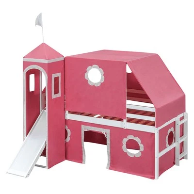 Pink Twin Size Loft Bed with White Slide Pink Tent and Tower for Girls Bedroom - Image 1 of 4