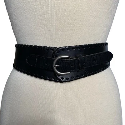 Cinturón ceñido de cuero negro Banana Republic con hebilla plateada para mujer’s S Corsé Foto 1 de 4