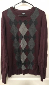 APT. 9 Merino Blend V-Neck Argyle Sweater Men's Size XL Burgundy And Gray EUC - Picture 1 of 11