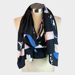 Gold Coast NWT 100% Polyester Scarf Black White Blue Floral 72" x 20"